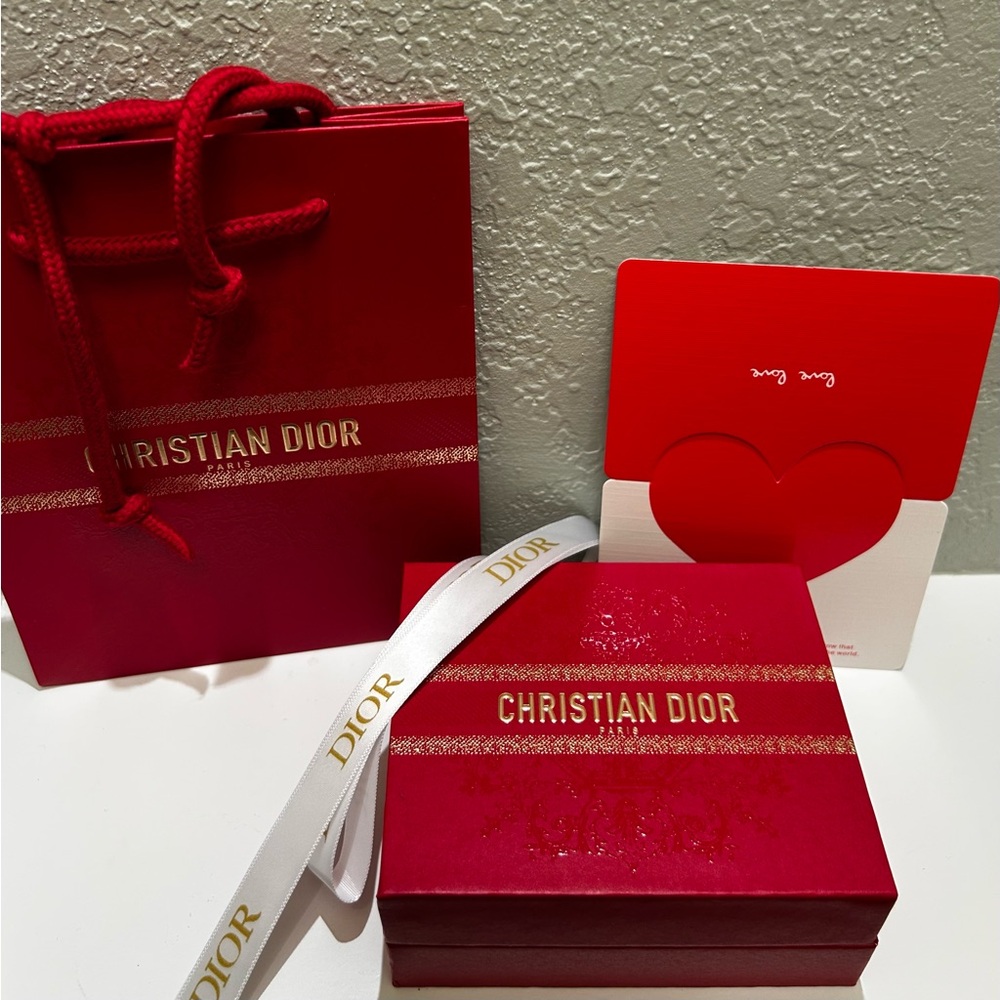 Dior lipstick, box, bag, card and ribbon